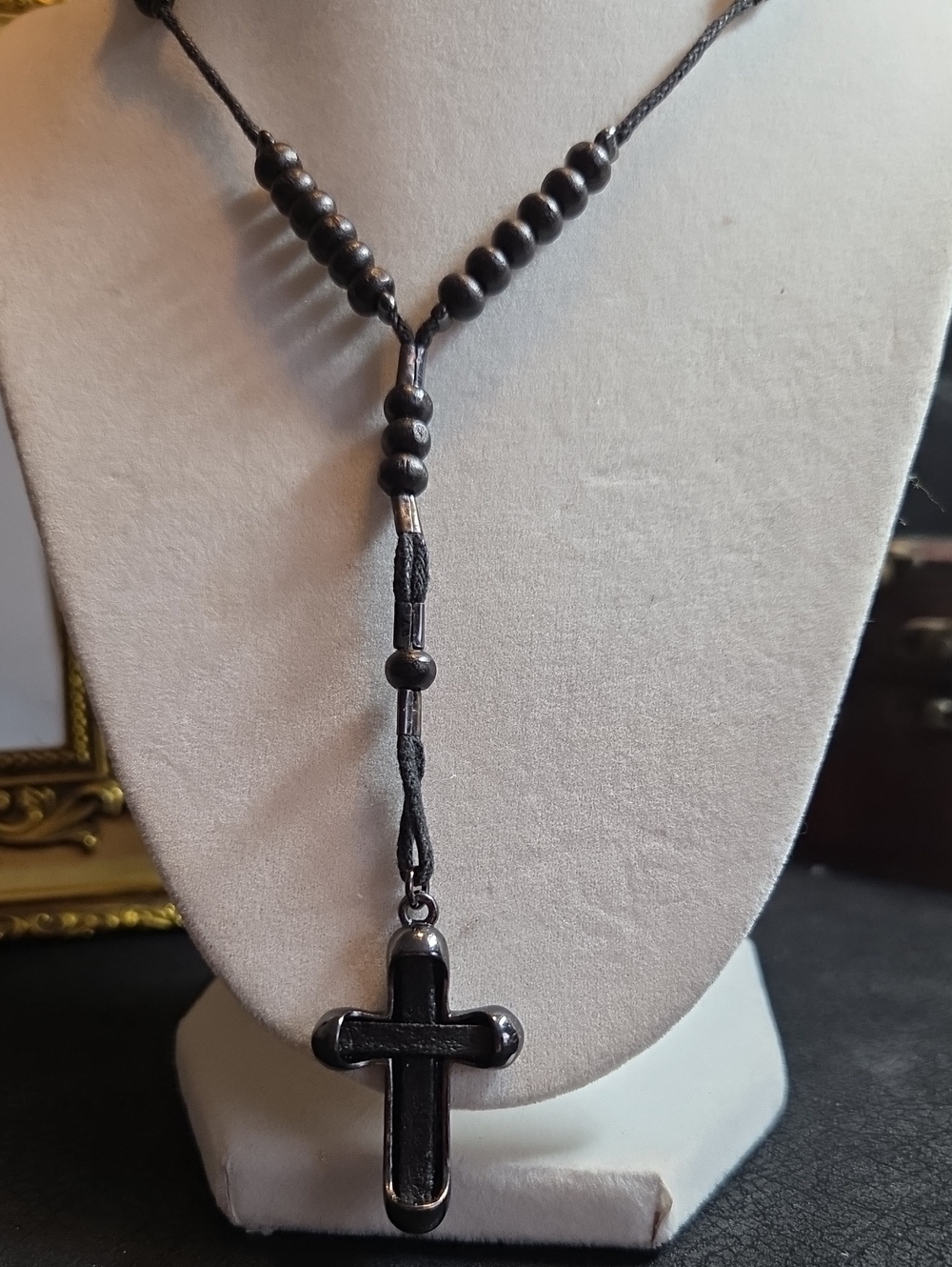 G By Guess Black Cord And Beads Necklace With Black Cross And Leather Insert
